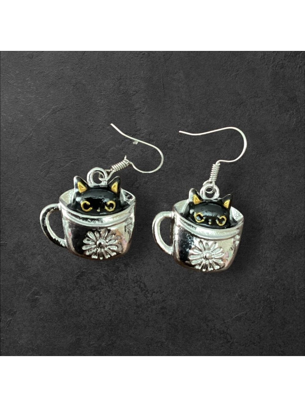 Silver & Black Cat in Cup Dangle Earrings Halloween